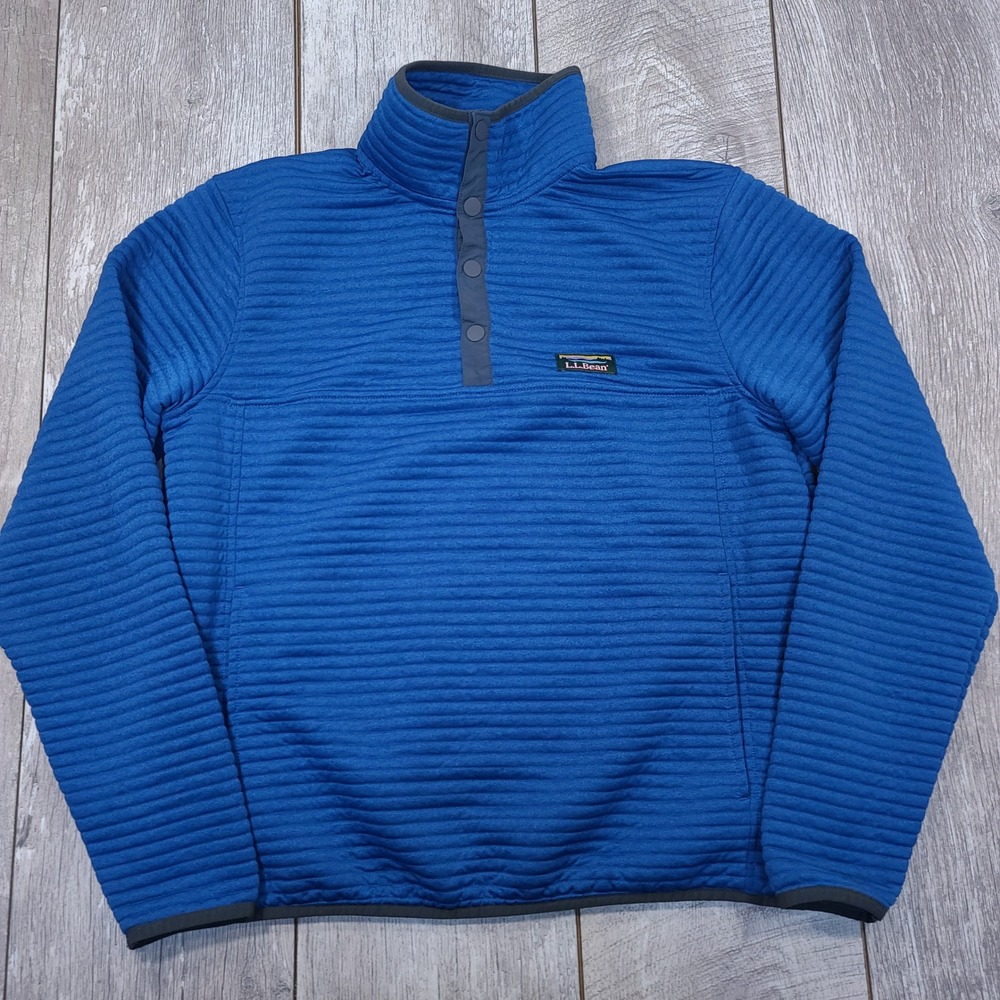LL Bean Airlight Knit Pullover Mens Medium Blue Snap Neck Quilted Ribbed 506874